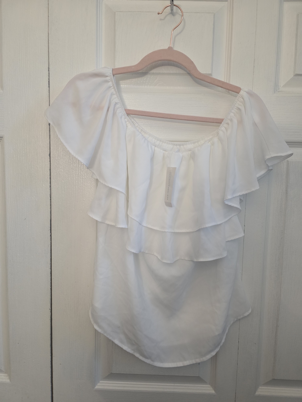 New York & Company White Ruffle Off-Shoulder Blouse